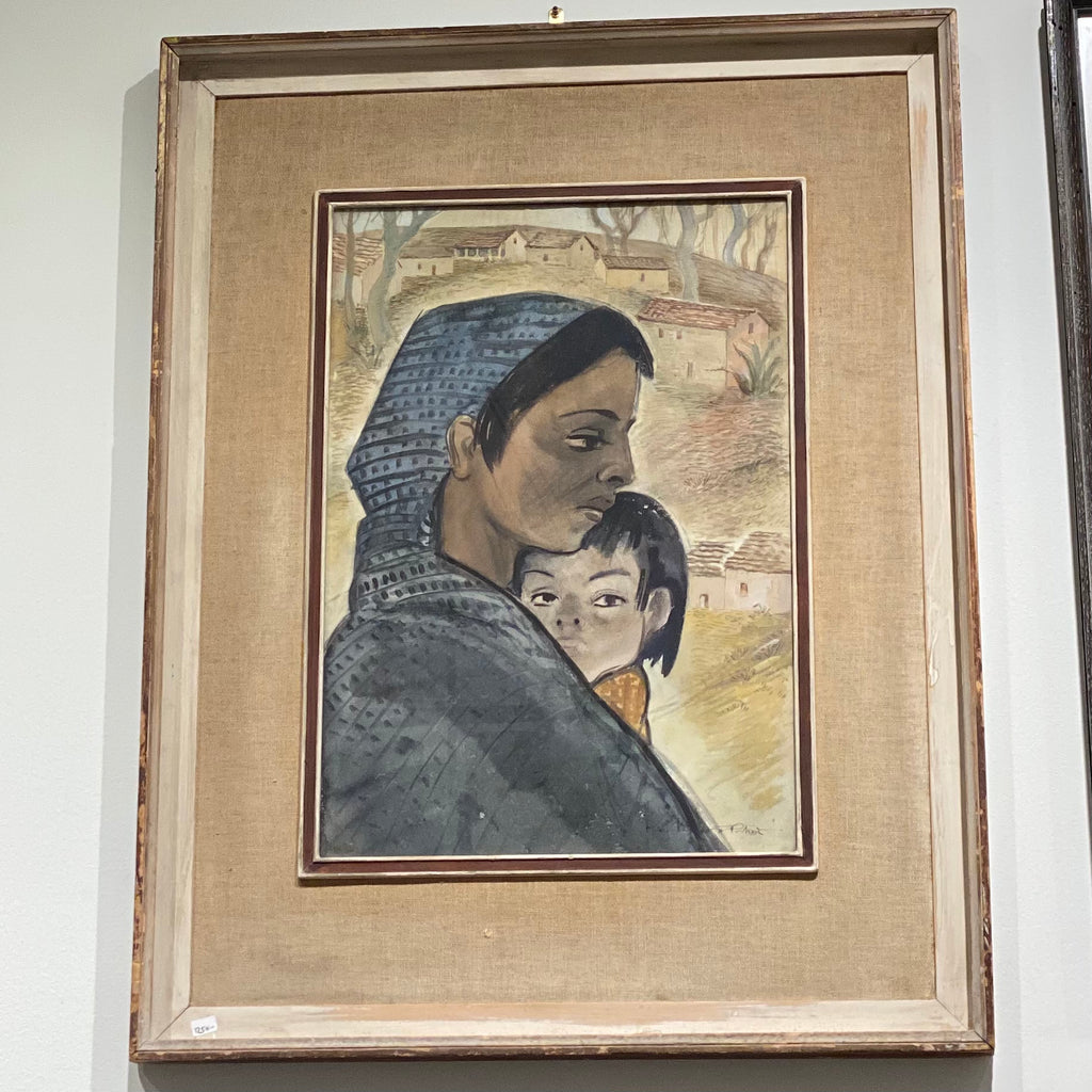 1950's MOTHER AND CHILD WATERCOLOR