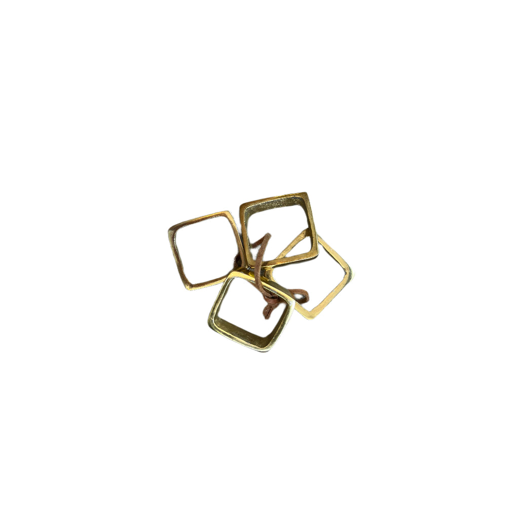 Set of 4 Brass Finish Square Napkin Ring with Leather Tie