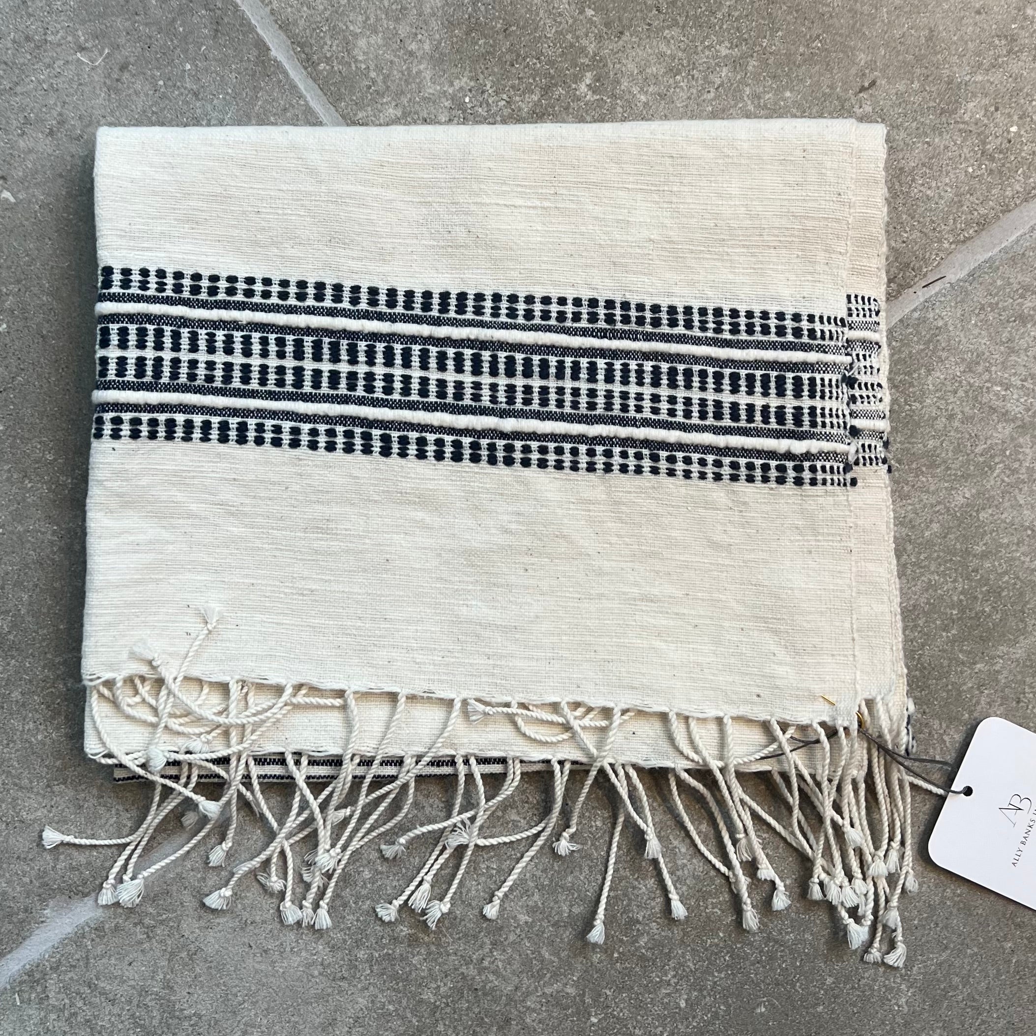 Ivory and Navy Stripe Fringe Hand Towel