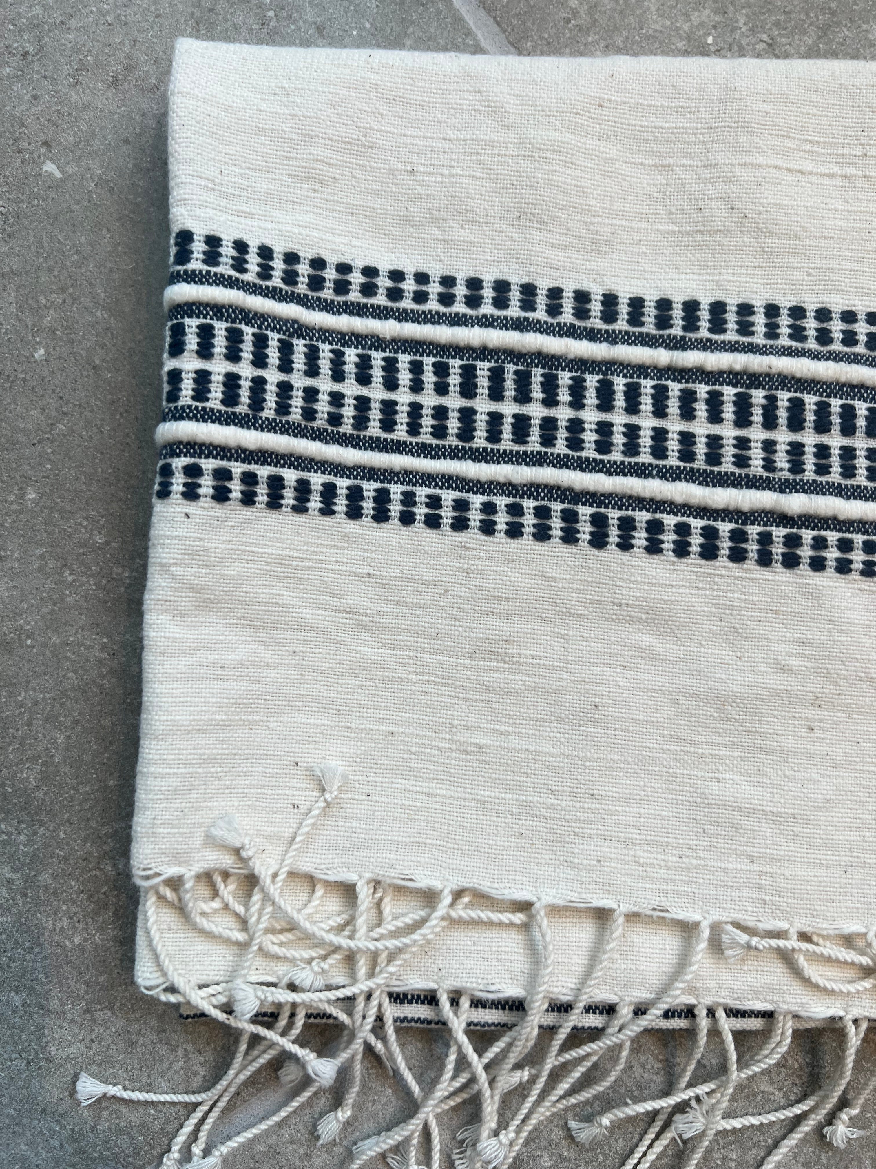 Ivory and Navy Stripe Fringe Hand Towel