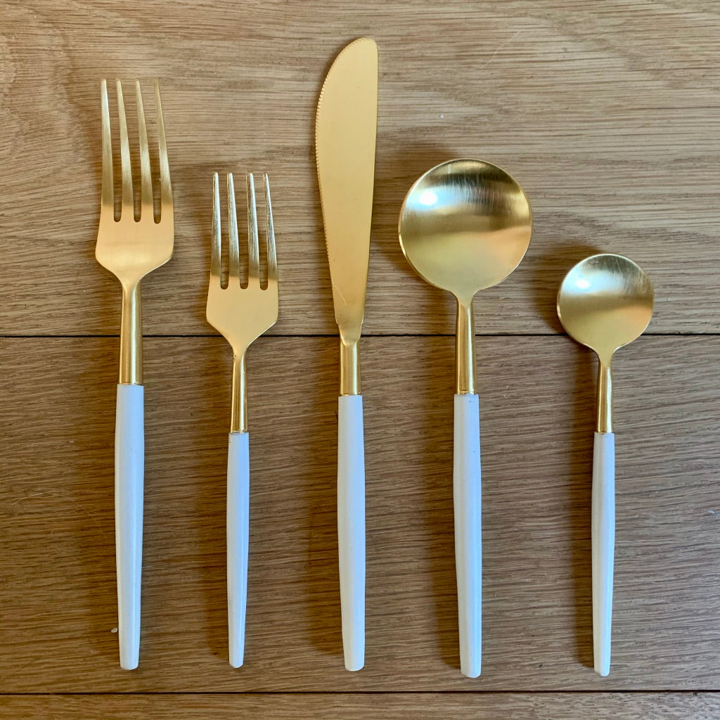 Gold & White Flatware - 5 Piece Place Setting