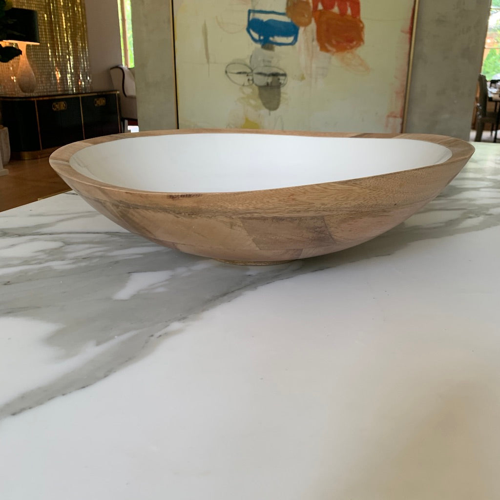 Large Mango Wood & White Enamel Serving Bowl