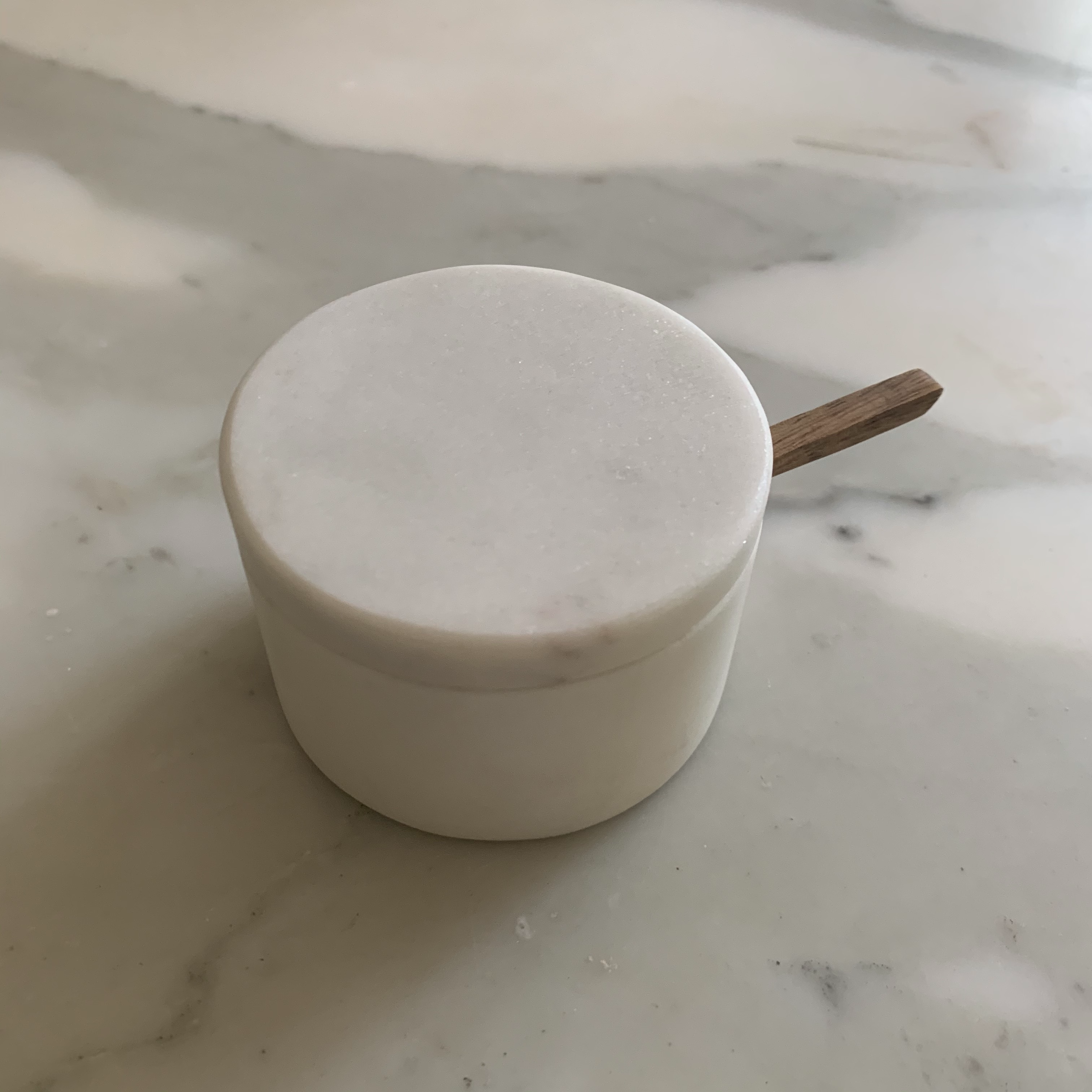 White Marble Lidded Cellar with Wood Spoon