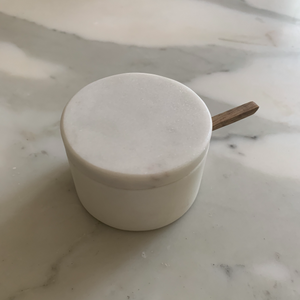 White Marble Lidded Cellar with Wood Spoon